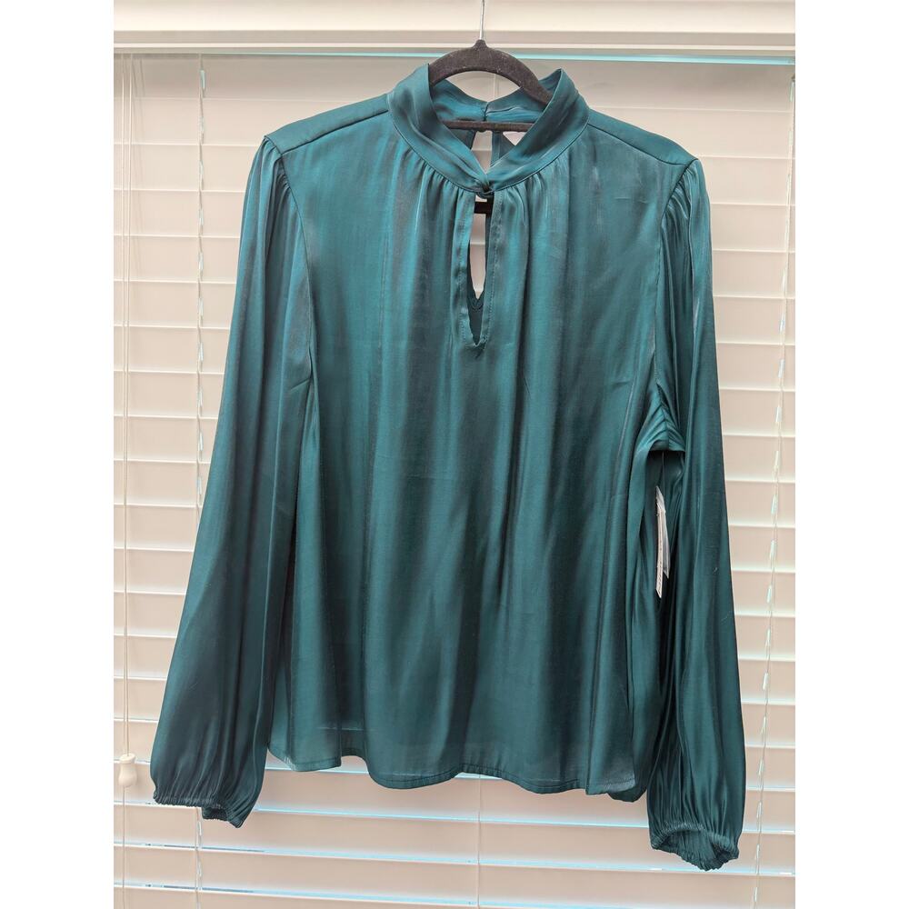 Nine West Twist Neck Blouse XL Teal Satin Long Sleeve NWT